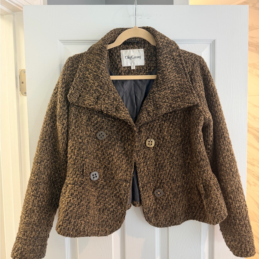 Oleg Cassini Brown Textured Tweed Double-Breasted Blazer